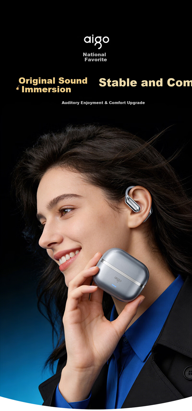 Aigo Bluetooth Earphones Over-Ear Bone Conduction True Wireless Long Battery Life In-Ear Free Running Music Call Noise Cancelling SJ285 Silver White 1