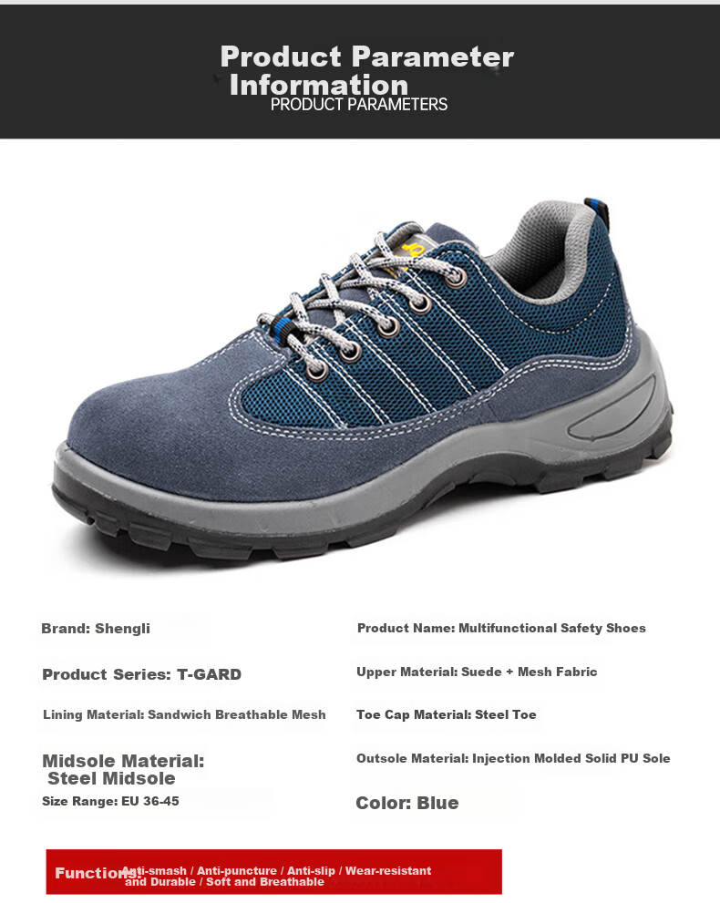 SHENGLI Men's Safety Work Shoes Anti-Smash, Anti-Puncture, Breathable, Model 6020, Size 42 6