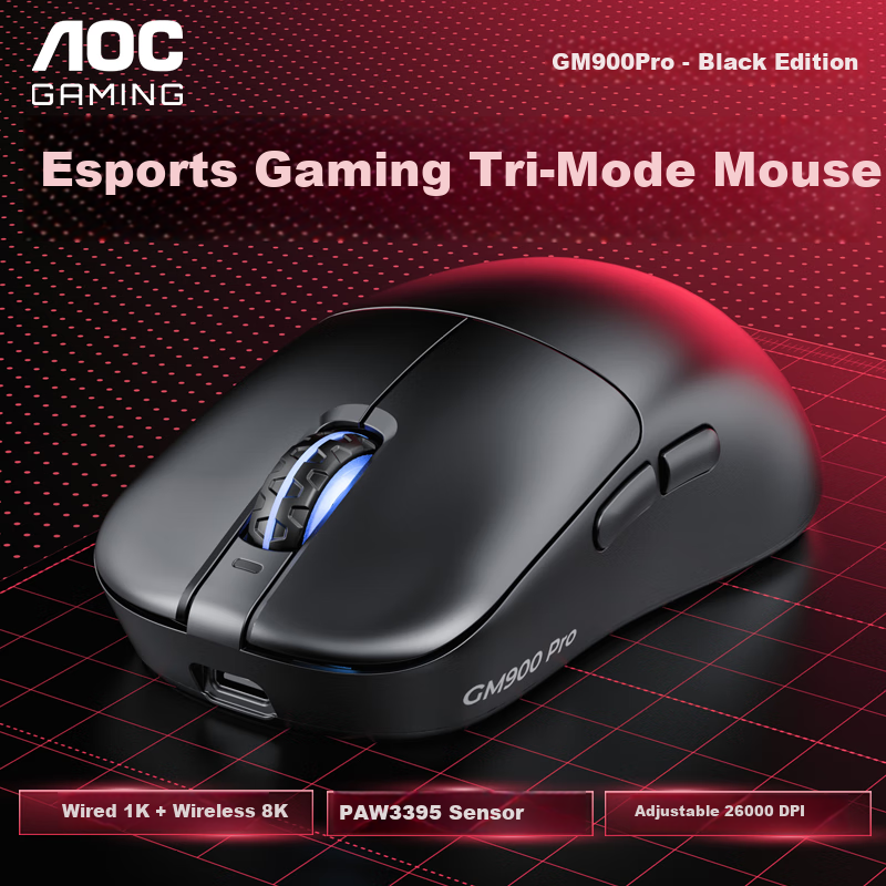 AOC GM900Pro Wireless Bluetooth Tri-Mode Mouse Lightweight PAW3395 Wireless 8K Report Rate Laptop Desktop Large Hand Black