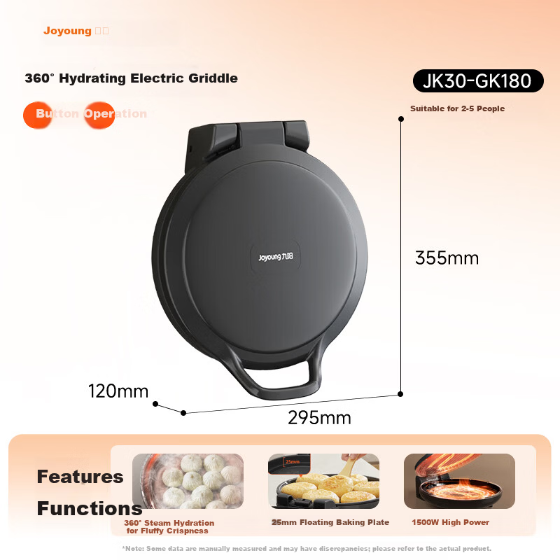 Joyoung Electric Griddle Sandwich Maker Breakfast Machine, Circular Steam Function, 25mm Deep Baking Tray, Double-Sided Heating Pancake Cooker, 1500W High Power Grill And Fryer GK180