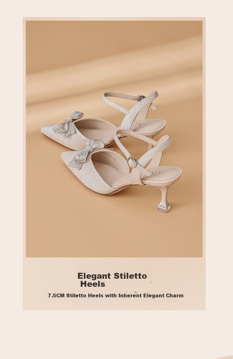 Josiny French Style Pointed Toe High Heels Women 2026 Summer New Rhinestone Bowknot Ankle Strap Stiletto Wedding Shoes Rose Gold 37 3