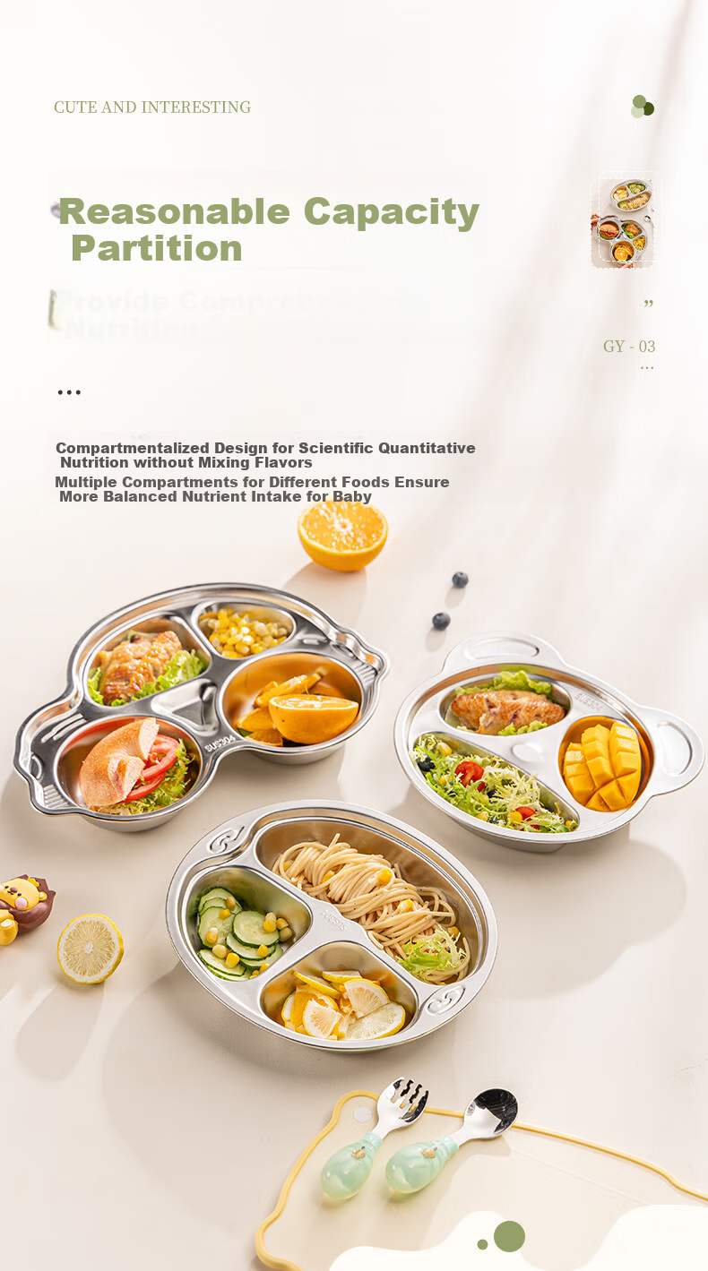 Guangyi 316 Stainless Steel Children's Divided Plate, Baby Home Use Four-Compartment Plate for Boys, Kindergarten Tableware GY1377 6