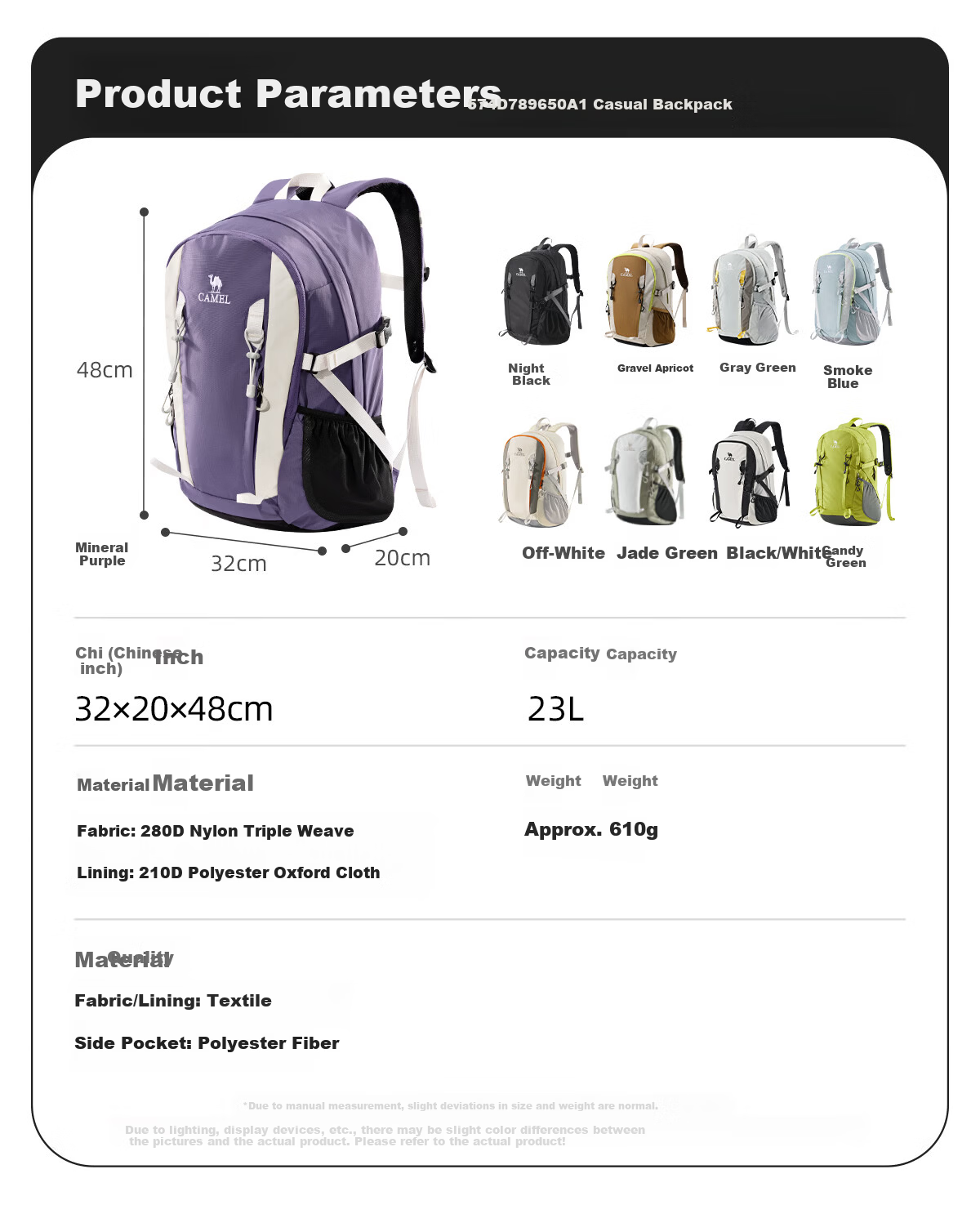 CAMEL Lightweight Student Backpack Outdoor Mountaineering Hiking Double Shoulder Bag Travel Lightweight Backpack 574D789650A 9