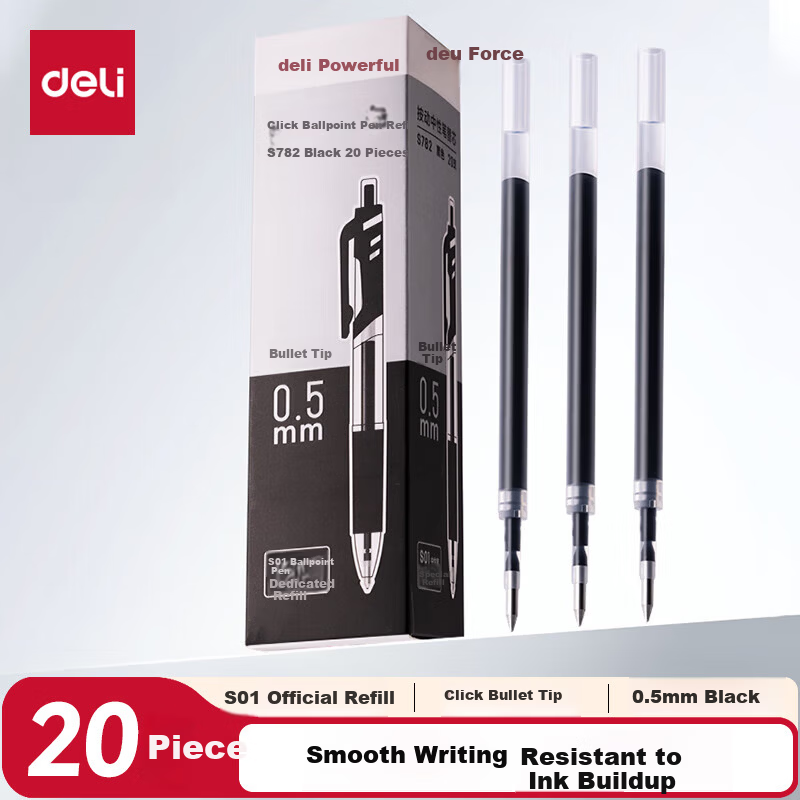 Deli 0.5mm Retractable Gel Pen Refills for Students, Compatible with S01/S08/1008/K35 and G-5, Black Bullet Tip, 20 Pieces/Box S782