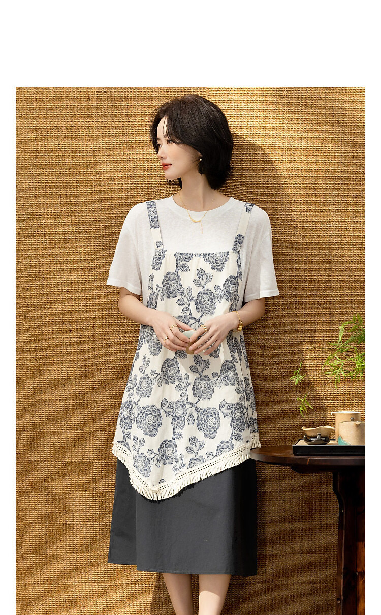 Demana Summer Faux Two-Piece Jacquard Splice Irregular Hem Loose Slim Dress with Wool Cloud Cotton 11