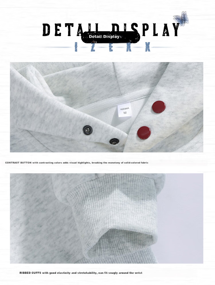 IZEXX American Style Button Hoodie Men Heavyweight Loose Solid Color High Street Sweatshirt Jacket ZQ20 White Flower Gray L 6