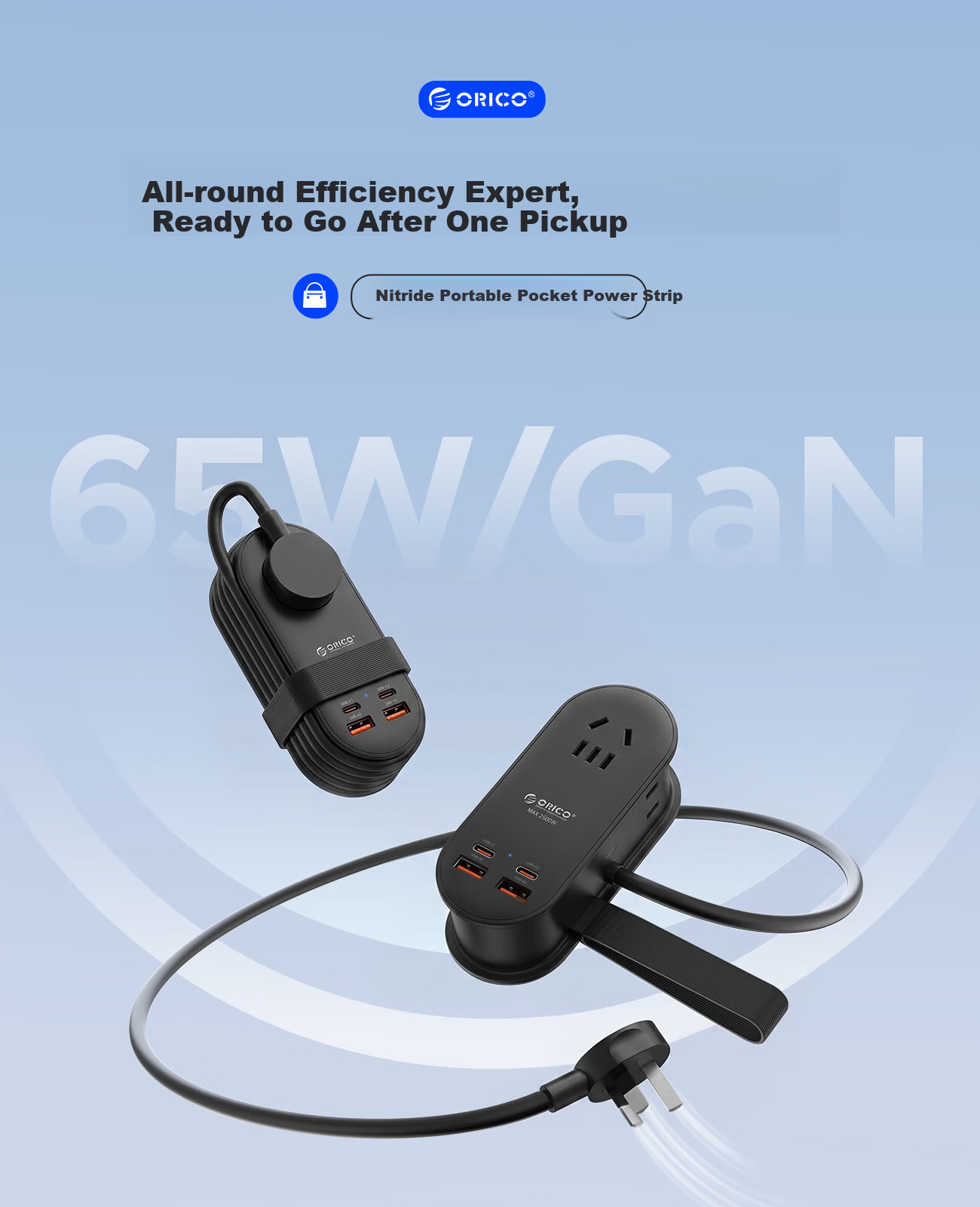 ORICO [3C Certified] 65W Gallium Nitride Pocket Power Strip/USB Cable/Power Bar/Outlet/Quick Charge Set/Desktop Storage Portable Power Strip, Total Length 1.63 Meters 2