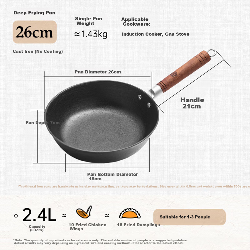 Wang Yuan Ji Cast Iron Deep Frying Pan Non-Coated Stir-Fry Skillet Induction Gas Stove Non-Stick Small Iron Pan 26cm
