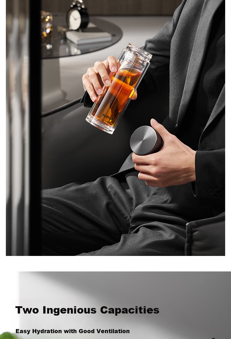 SUPOR Double-Layer Glass Cup for Men, Home and Office, Tea Infuser, Car Water Bottle, 400mL, Starry Night Black 12