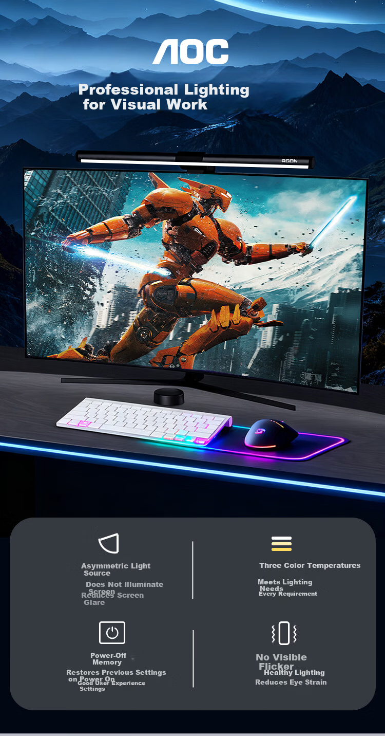 AOC Monitor Screen Hanging Lamp High Color Rendering Asymmetric Light Source Gaming Study Eye Protection Lamp Flicker-Free Power-Off Memory Three-Level Color Temperature 400B 1