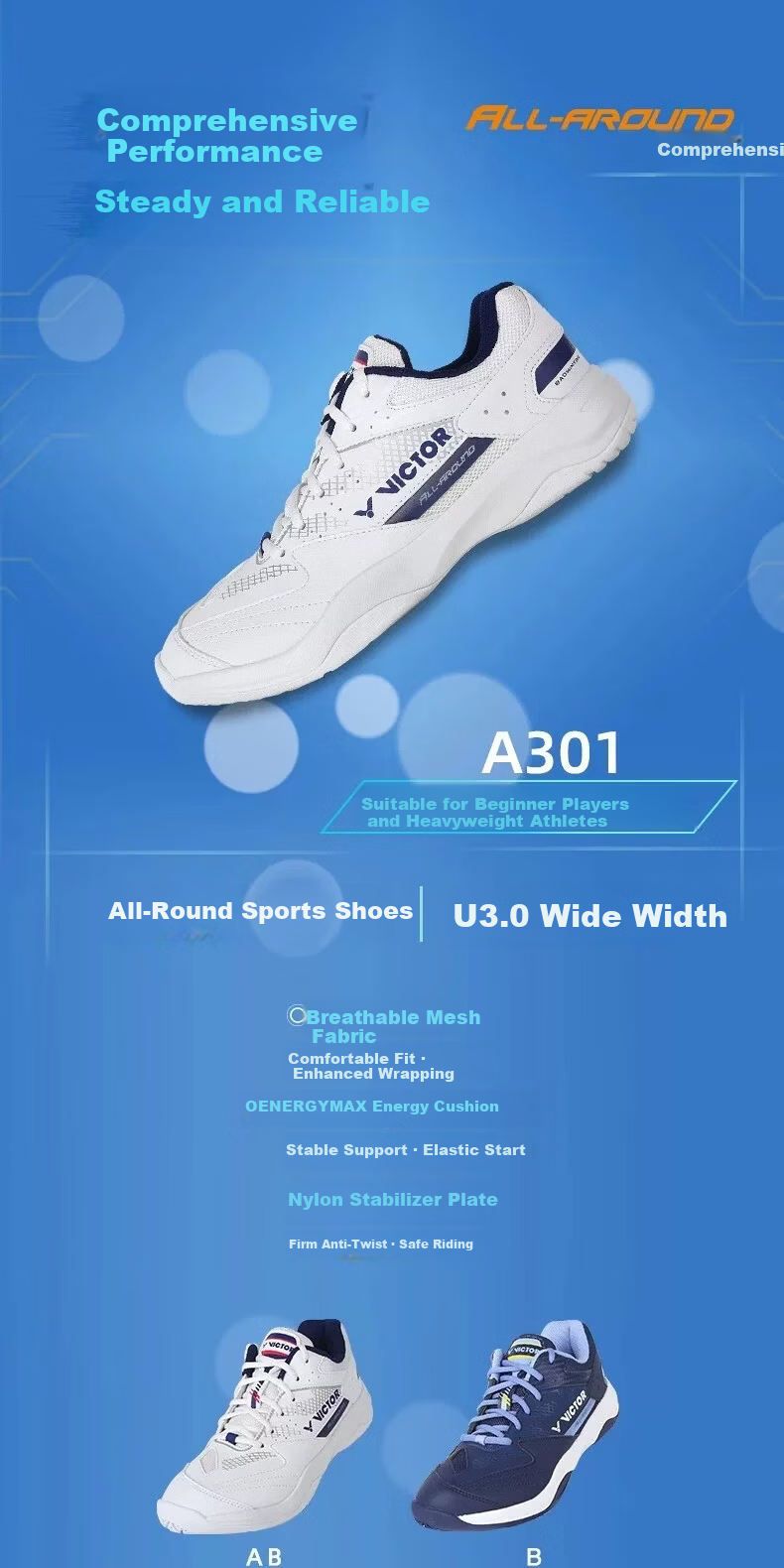VICTOR Professional Badminton Shoes Unisex Non-Slip Breathable Shock Absorption A301-AB (White/Standard Blue) 1