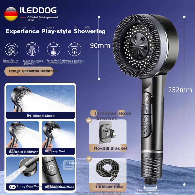 ILeddog [Germany] High-Pressure Shower Head Booster Bathroom Bath Filter 3-Piece Set Shower Head TY001