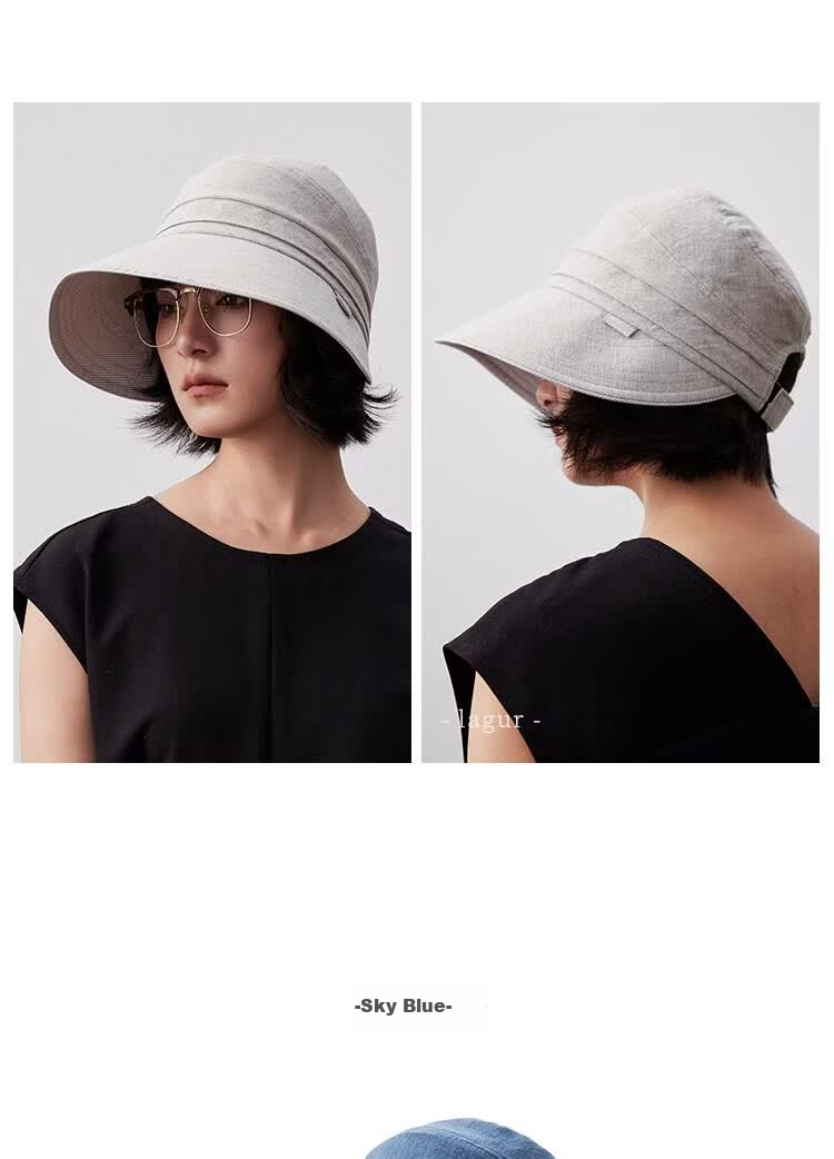 Lagur "Simple Japanese Style" Large Brim Cotton Bucket Hat with Ponytail Hole Sun Protection Foldable Sky Blue 13