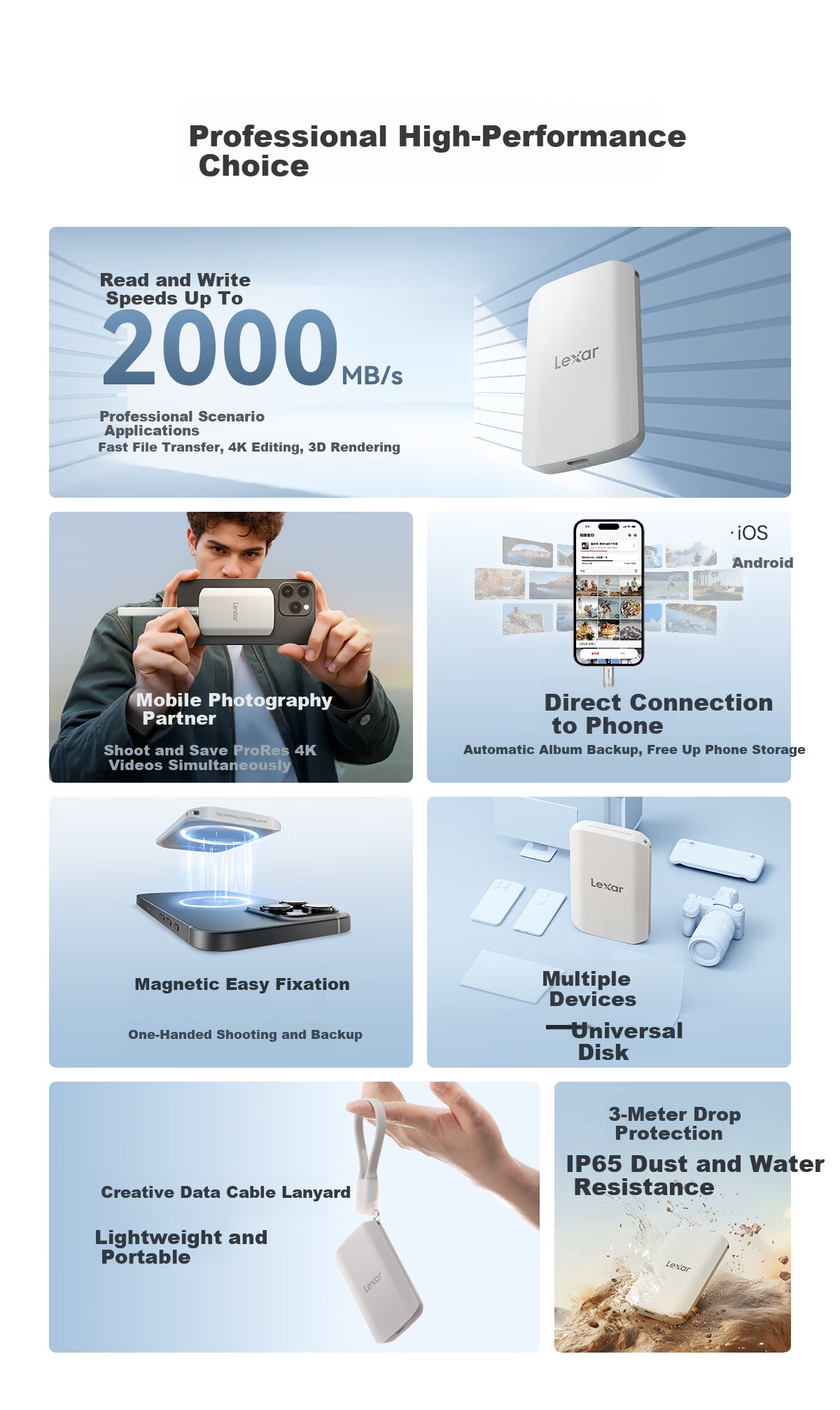 Lexar 2TB Type-C USB 3.2 Portable SSD (PSSD) ES5 2000MB/s Read Speed Magnetic Attachment for Mobile Phones and Laptops Advanced Triple Protection All-Scenario Adaptation 1