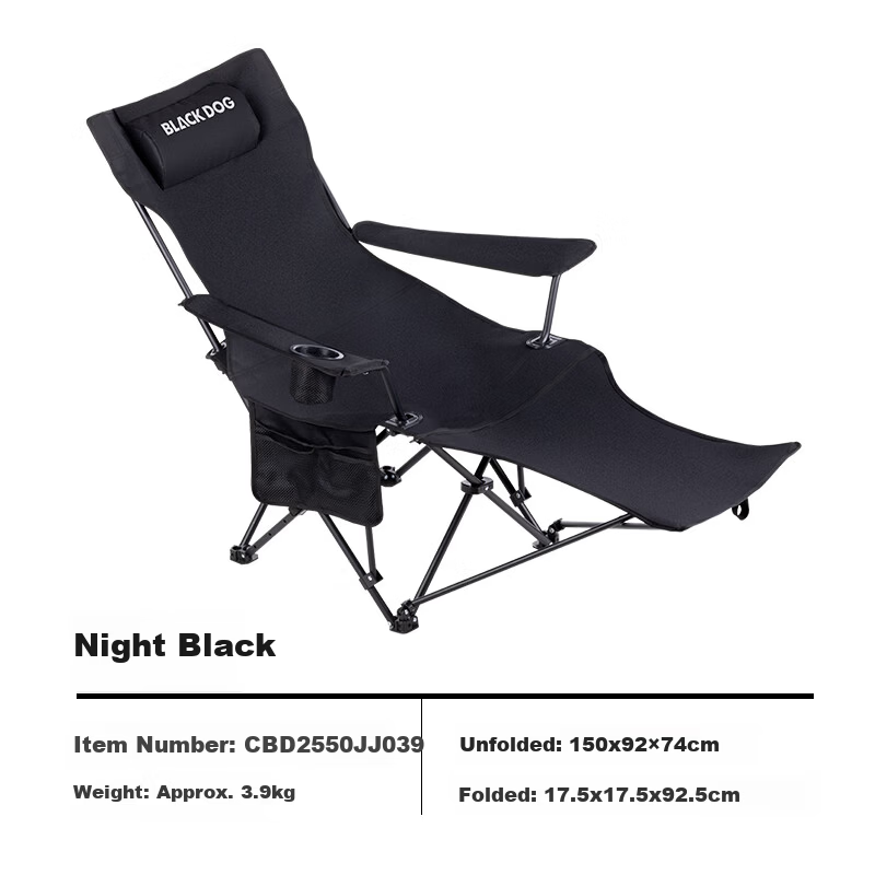 Black Dog Folding Recliner Camping Portable Nap Chair Adjustable 3-Level Outdoor Beach Chair for Autumn and Winter