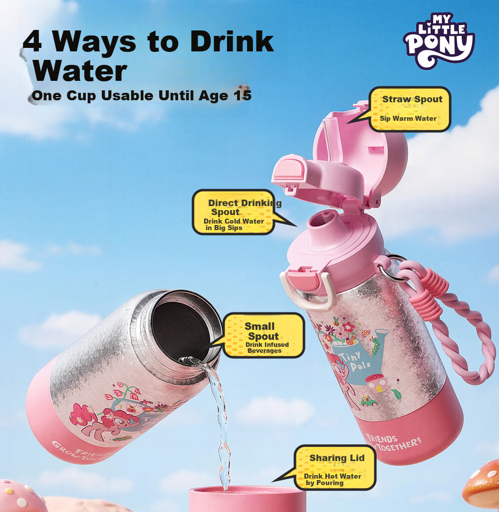 Germ My Little Pony Pure Titanium Children's Insulated Straw Bottle Dual Drinking Cup for Girls Student 480ML Garden Pink 10