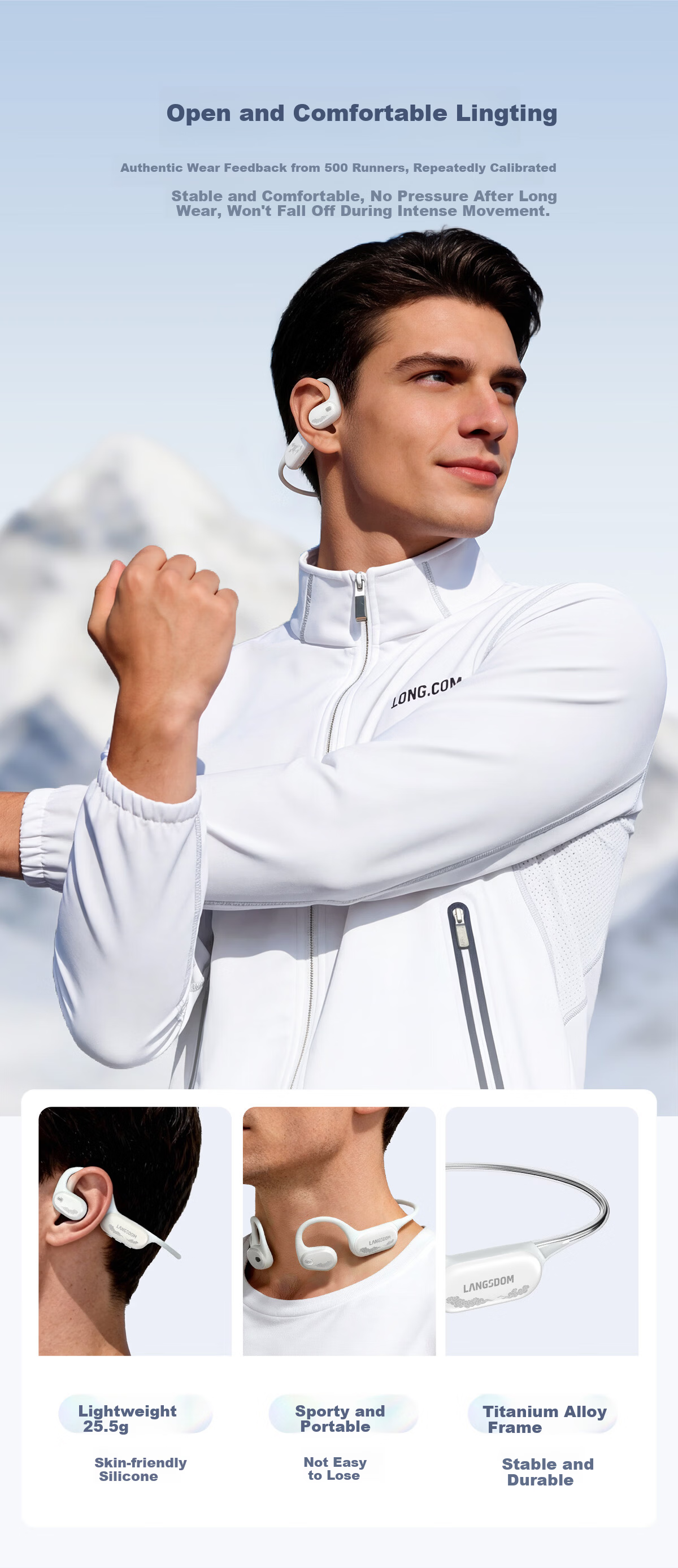 Langston AirWave Pro 2 Open-Ear Bone Conduction Bluetooth Headphones Waterproof Sweatproof Long Battery Life for Apple Huawei Iceberg White 6