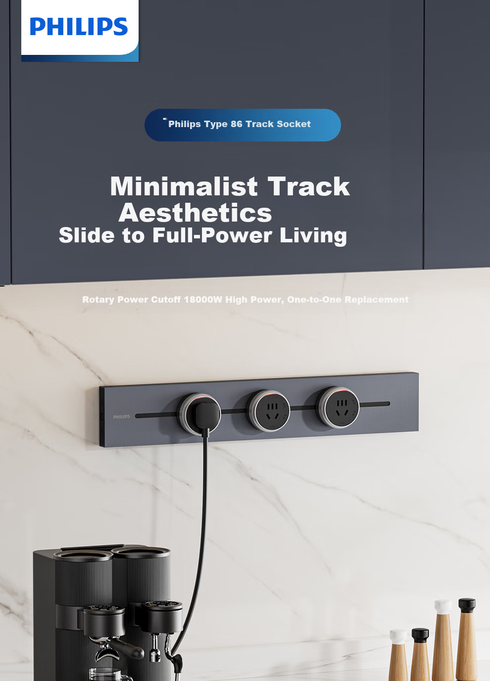 PHILIPS Surface Mounted Track Socket Switch Panel Wall-Mounted Slot-Free Movable Sliding Rail Socket 50cm Track + 3 Adapters Gray 1