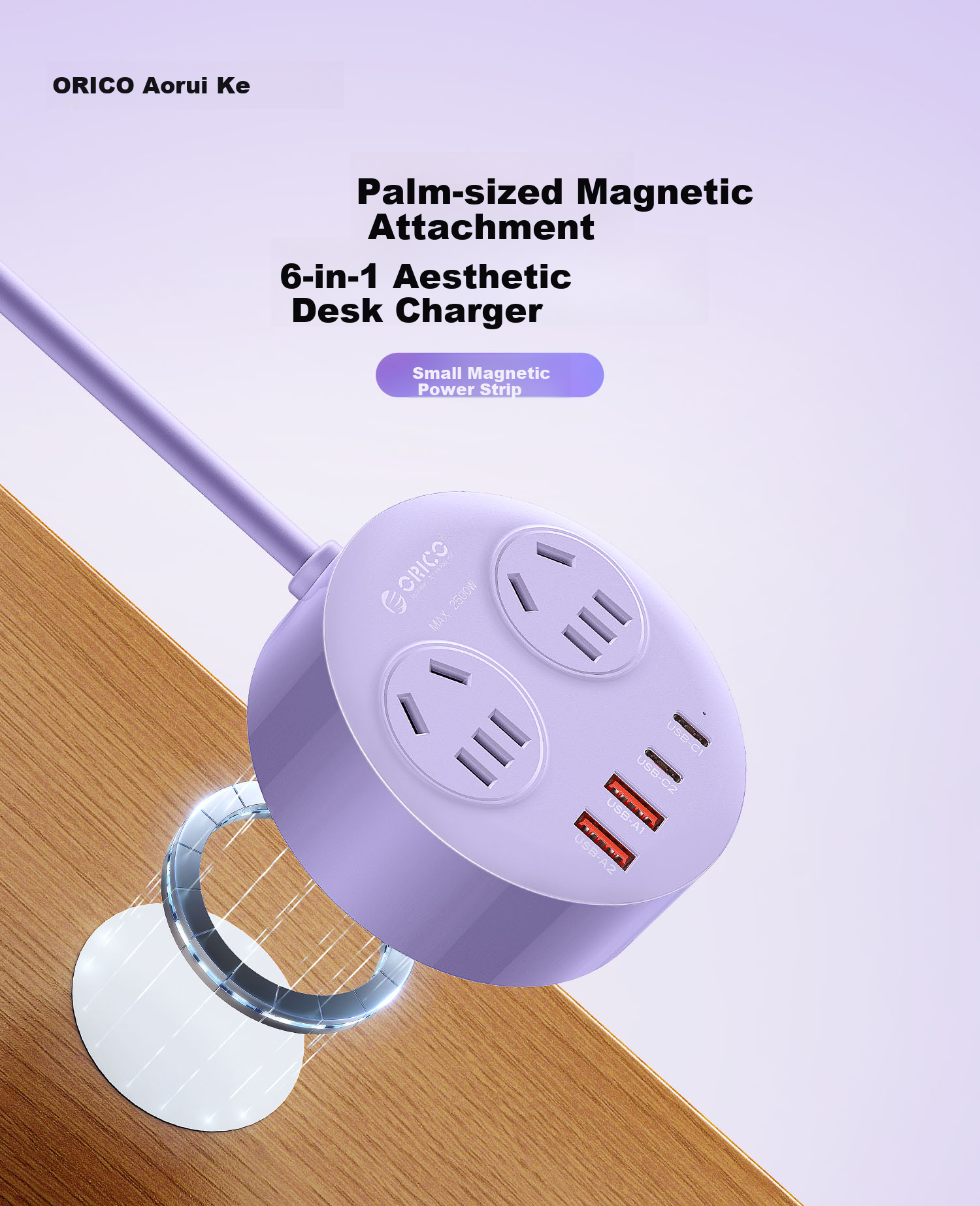 ORICO Small Magnetic Multifunctional Power Strip Socket One-to-Multiple Dormitory Office Home Extension Cord USB Desktop Charging Station Supports 20W Fast Charging 2M Blue 1