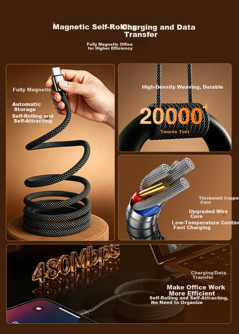 Baking Magnetic Type-C Charging Cable PD 100W Fast Charge Compatible with Apple iPhone 17/16/15 Huawei Honor Xiaomi iPad Tablet Laptop Cable Organizer 2