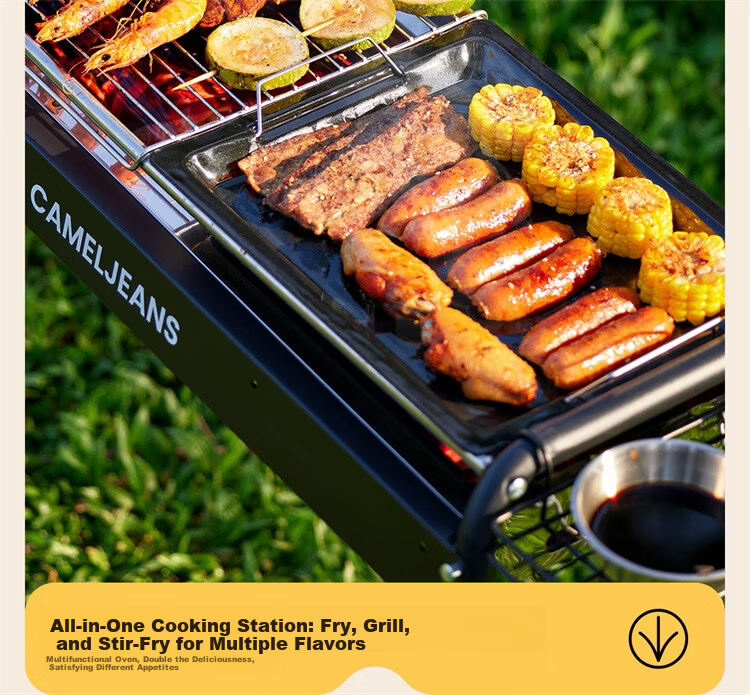 CAMELJEANS BBQ Grill Home Barbecue Rack Skewers Outdoor Camping Portable Charcoal Detachable 174BH05719 Black 10