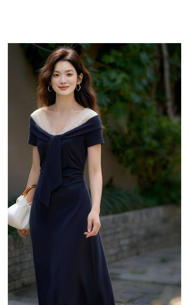 Demana [Seaside Holiday] Summer V-Neck Tie Lace Trim Ruffled Waist Slim Fit Dress for Petite Women 10