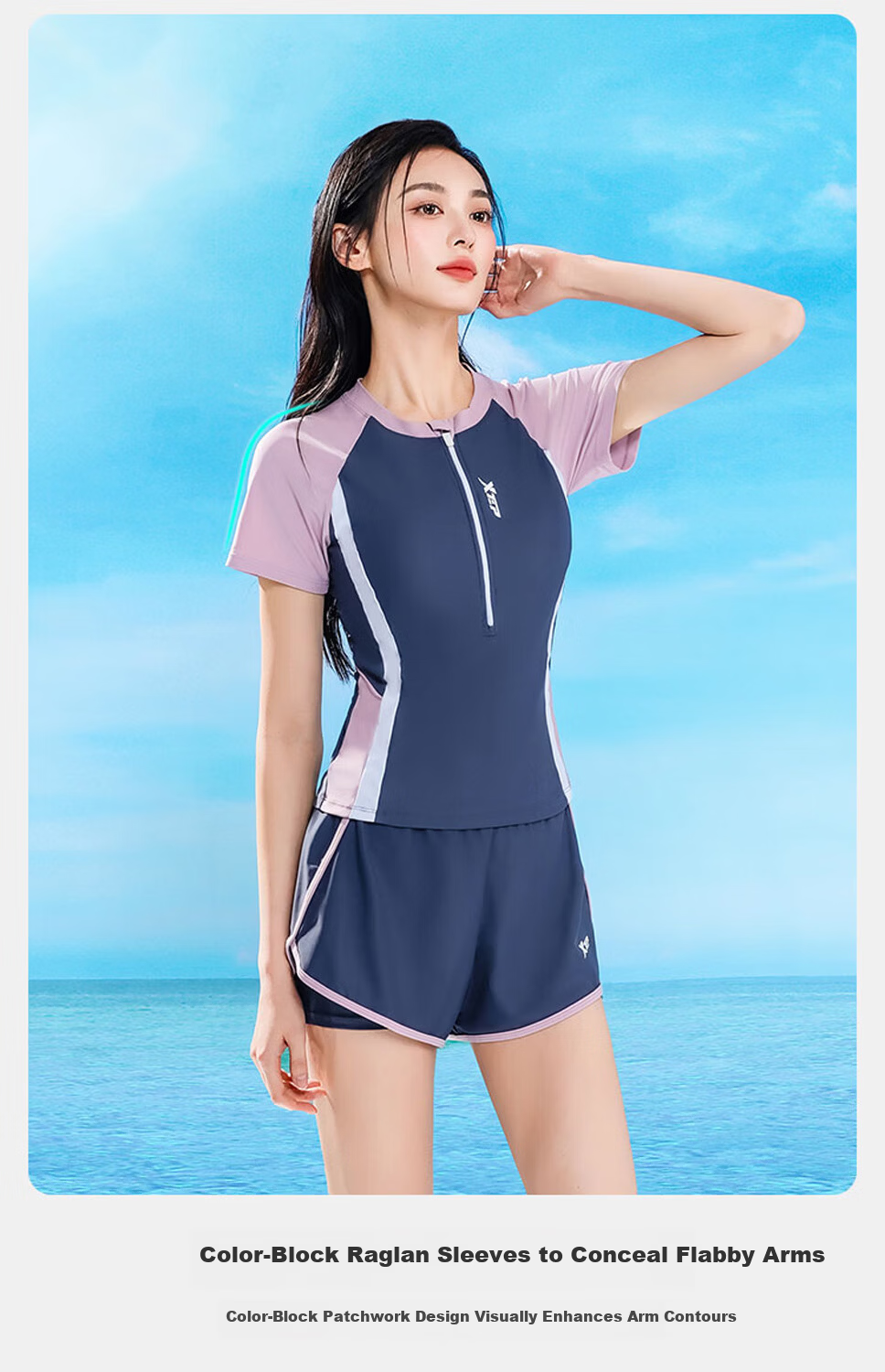 Xtep Women's Slimming Tummy Control Conservative Two-Piece Square-Leg Professional Training Swimwear for Spa Vacation Sports 8