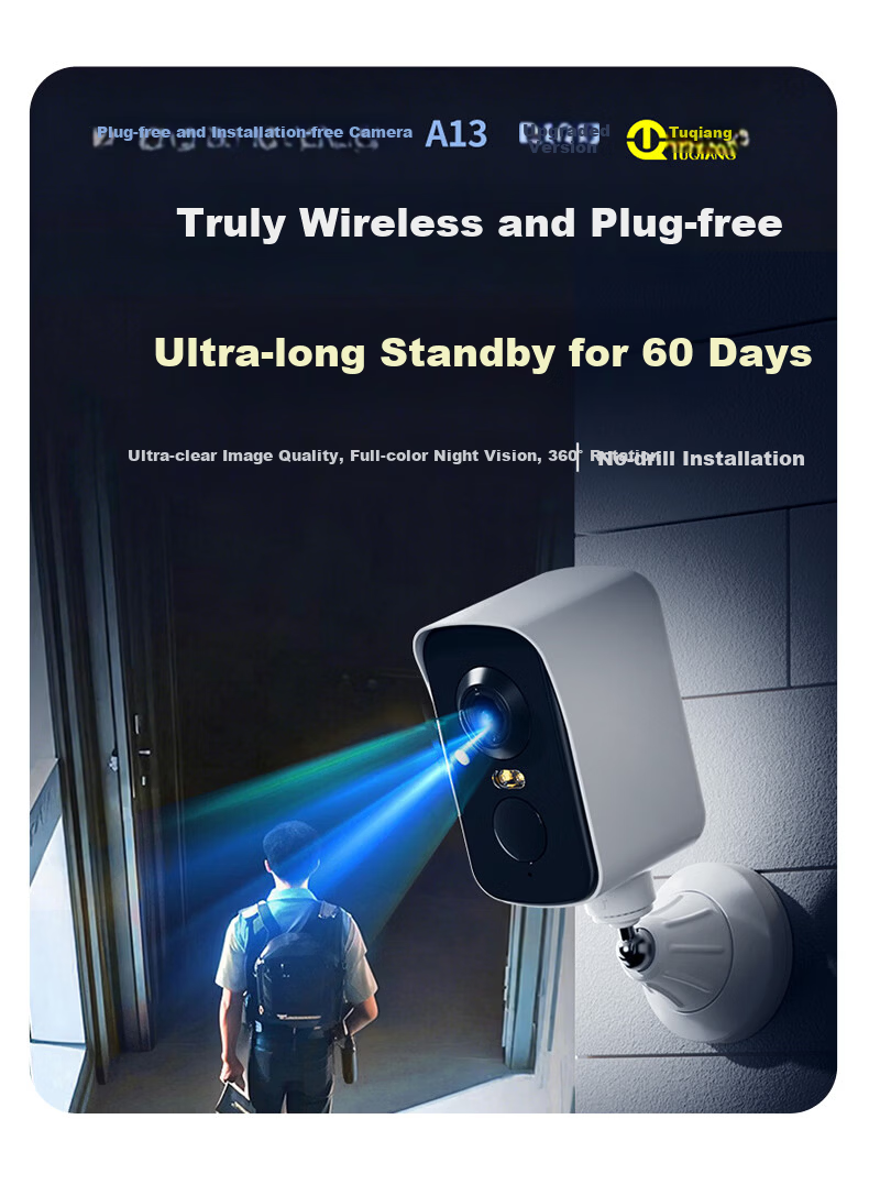 Tuqiang Wireless Battery-Powered WiFi Outdoor Home Security Camera, No Wiring, Rechargeable, Long Standby, No Drilling, Entrance Doorway Monitoring 17