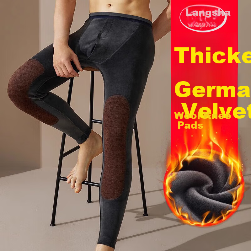 LangSha Men's Thermal Pants Thickened Wool Knee Protection Fleece Lined Leggings Plus Size Autumn Winter Cotton Pants