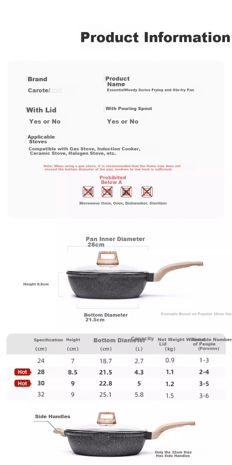 CaROTE Maifanshi Non-Stick Wok, Household Small Stir-Fry Pan, Titanium Pot, Suitable for Induction And Gas Stoves, Cooking Pan, 28cm 10