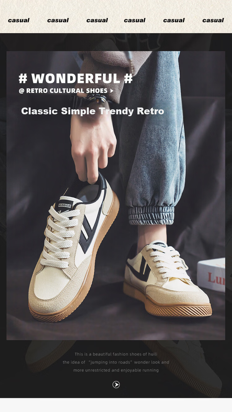 Warrior Men's Canvas Shoes Couple Casual Sneakers Comfortable Versatile Spring Men's Shoes 692 Black Beige Size 41 3