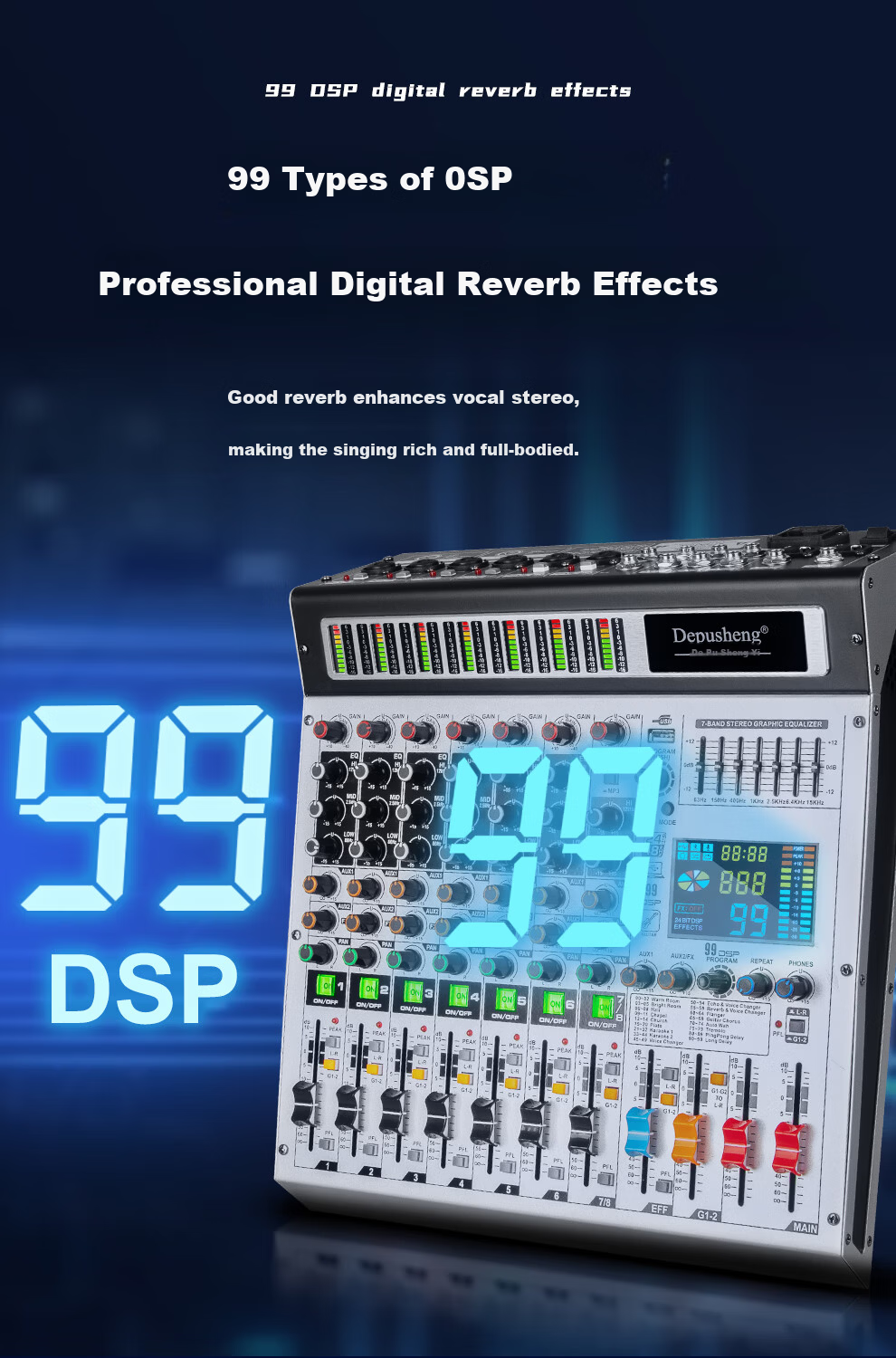 Depusheng 8-Channel Professional Mixer with Grouping, Stage Conference Wedding Bar Training Campus, 99 Digital Reverb Types, MP3 Bluetooth, 48V Phantom Power, Equalizer, USB Sound Card, AUX Output TX- 5
