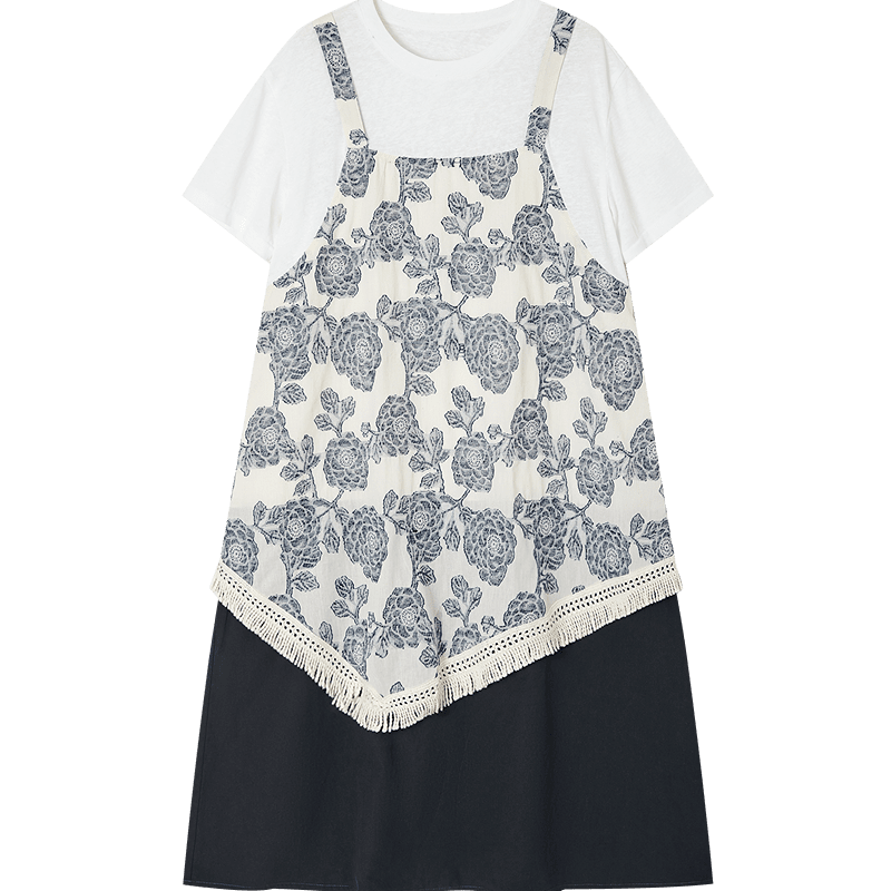 Demana Summer Faux Two-Piece Jacquard Splice Irregular Hem Loose Slim Dress with Wool Cloud Cotton