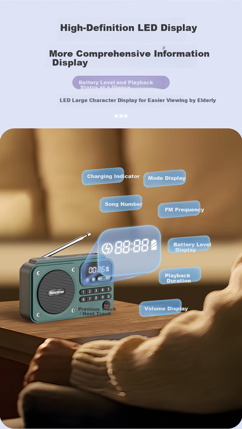 Newmine N123 Portable Mini Semiconductor Multifunction Radio Player for Elderly with Card Slot Rechargeable Bluetooth Speaker Blue 6