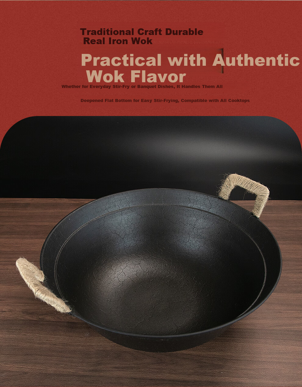 Jitie Hammer Cast Iron Wok Double-Handle Traditional Round Bottom Su Guo Wang Uncoated Turtle Pattern Large Belly Stir-Fry Pan Cast Iron Wok 34cm 6