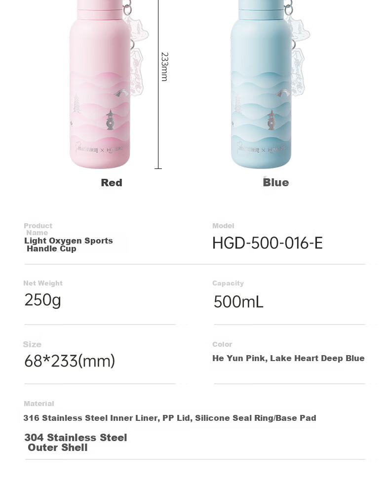 Haers West Lake Rose Running Limited Edition Insulated Sports Water Bottle Heyun Pink 500ml 11