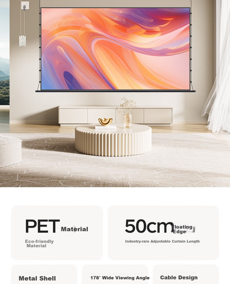 JINGMI 100-Inch Smart Photon Projection Screen - Floating Electric Pull-Line Screen, Ultra-White Brightness Enhancement FG1X, Automatic Lift, Home Office Laser Projector Screen 3