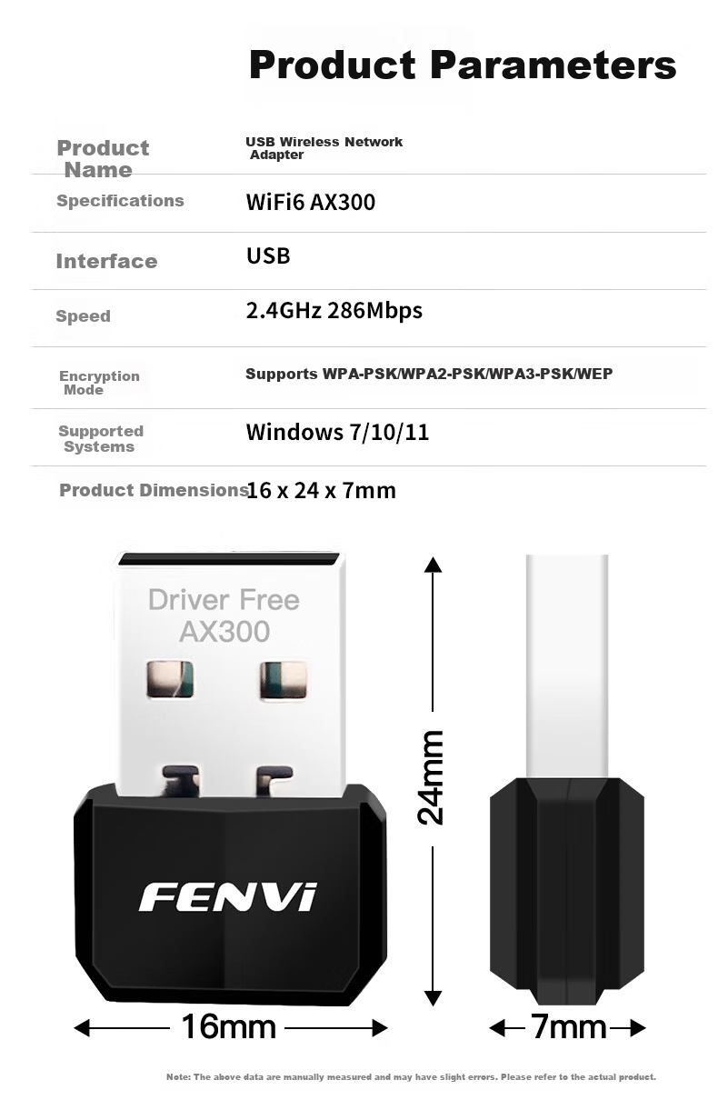 Fenvi USB Wireless Adapter WiFi6 AX300 Mini Wireless WiFi Receiver with Built-in Antenna for Desktop and Laptop, Smart Driver-Free Portable WiFi 6