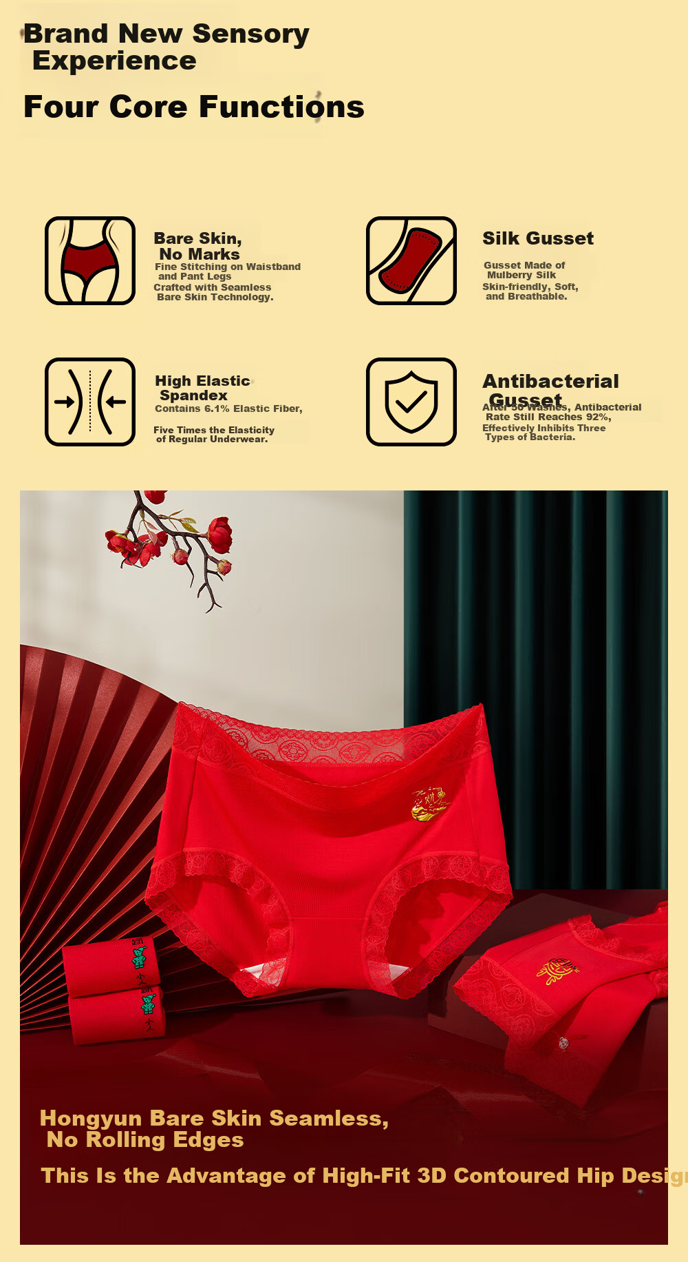 GUJIN Women's Red Underwear Set for the Year of the Snake, Mid-Waist Antibacterial Cotton Briefs and Socks for Marriage Year 5
