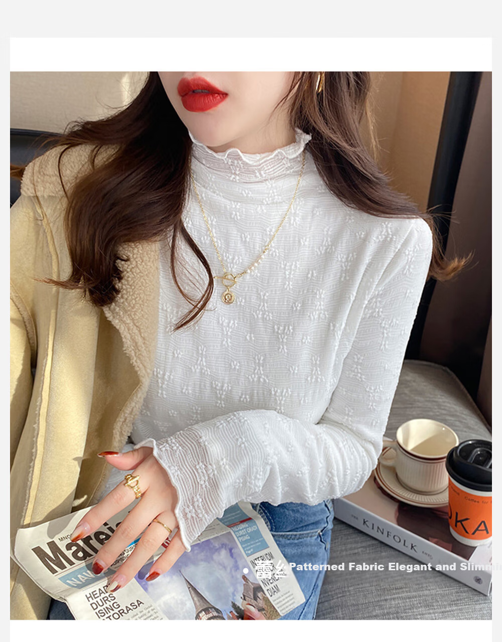 Modal Lace Base Layer Top for Women 2026 New Fleece Thickened Autumn Winter Half Turtleneck White Mesh Shirt White 10