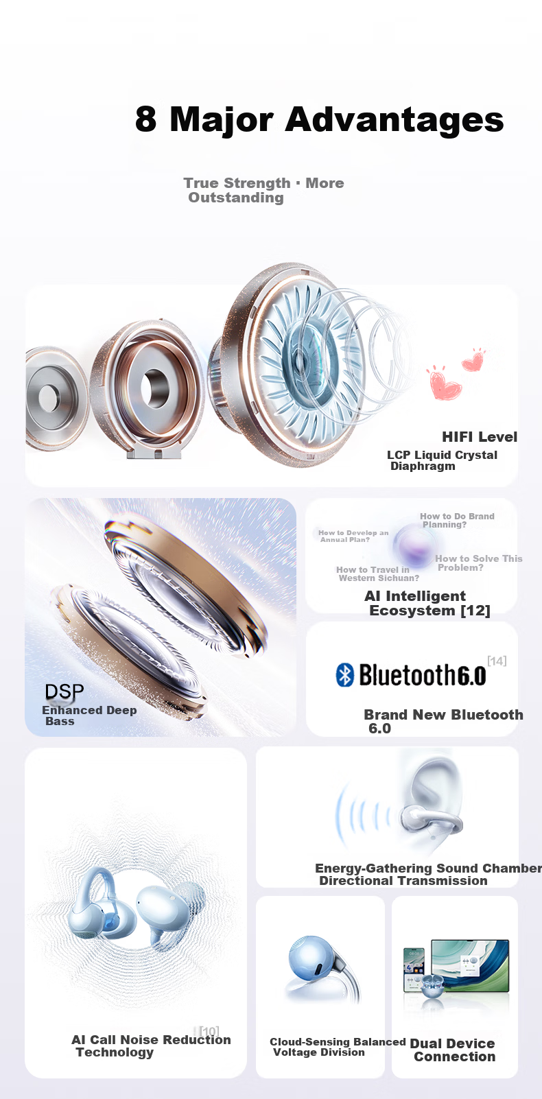 Tangmai Q5 Open-Ear Clip-On Bluetooth Bone Conduction Wireless AI Translation Sports Running Sweatproof Gaming Low Latency Long Battery Life Noise Cancelling Valentine's Day New Year Gift Blue 2