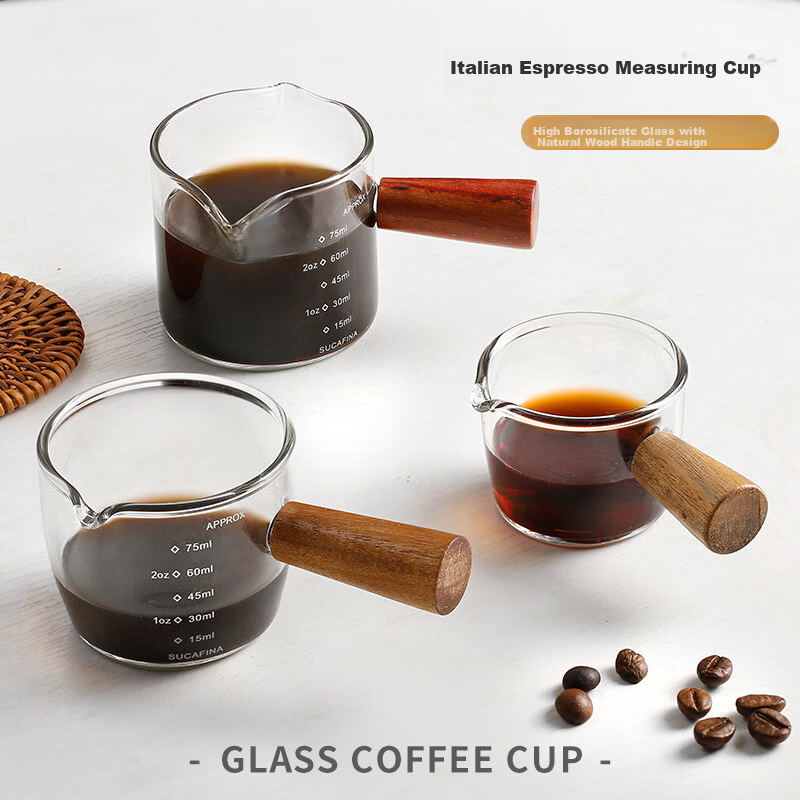 Bethers Japanese Style Ins Glass Milk Jug with Wooden Handle and Scale, Espresso Latte Small Measuring Cup, Mini Milk Pitcher Creamer
