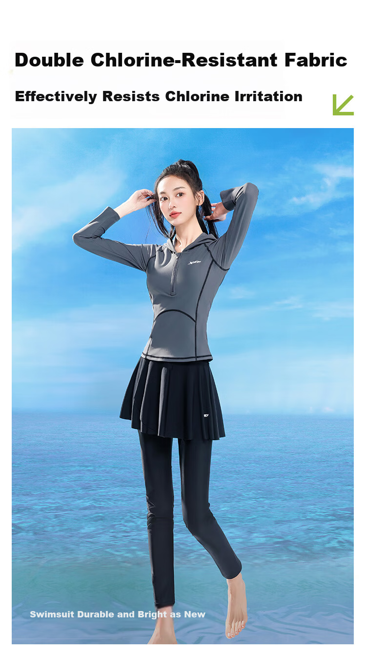 Xtep Women's Long Sleeve Long Pants Swimsuit Slimming Two-Piece Modest Plus Size Training Wetsuit 6