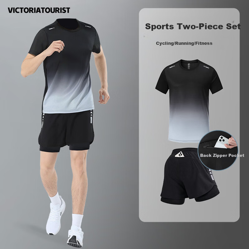 VICTORIATOURIST Men's Summer Running Sports Set Quick-Dry Ice Silk Short Sleeve T-Shirt and Shorts Fitness Badminton Training Apparel