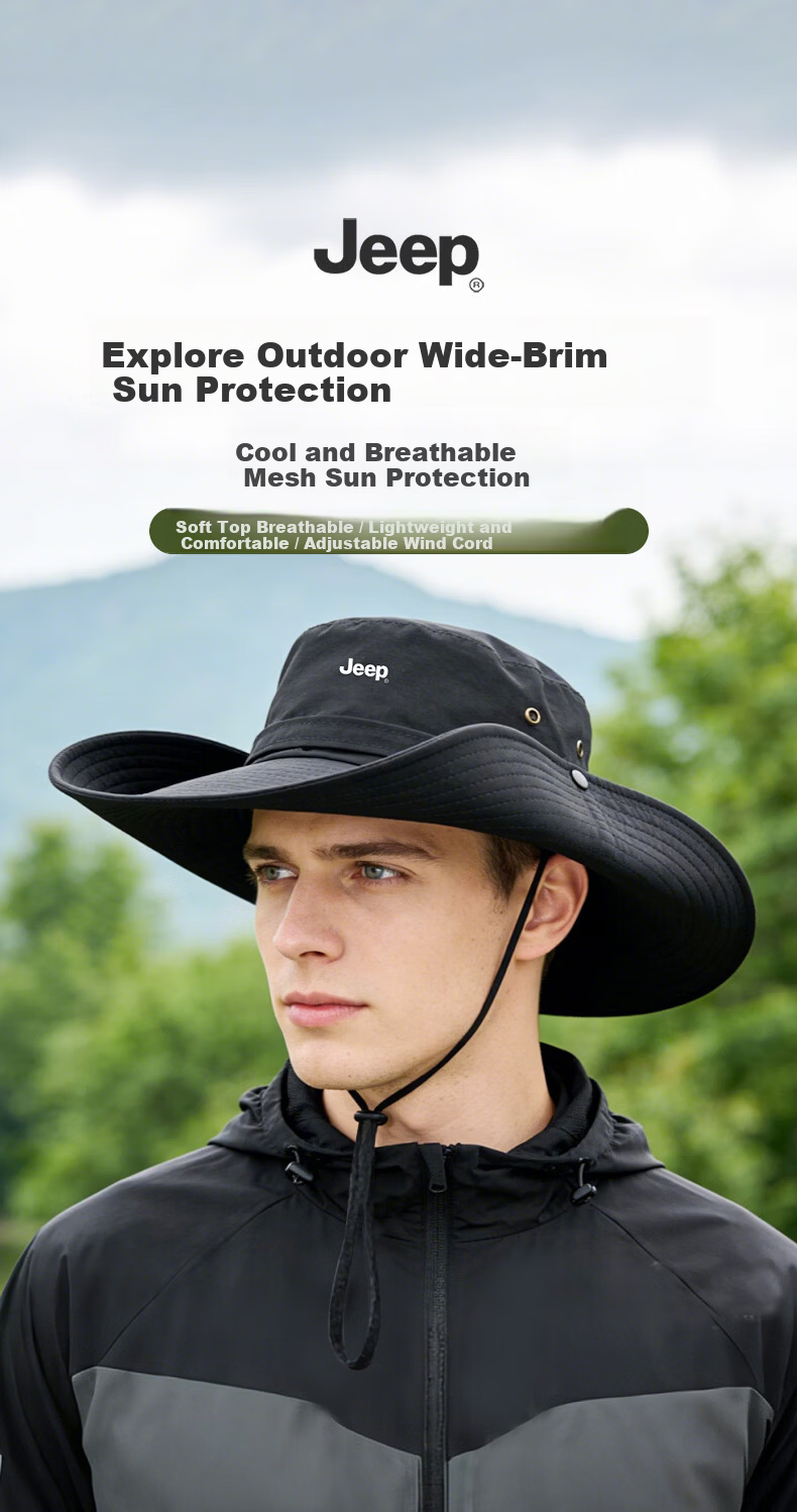JEEP Men's Outdoor Sun Protection Hat Hiking Fishing Sunshade Wide Brim Hat Black 2