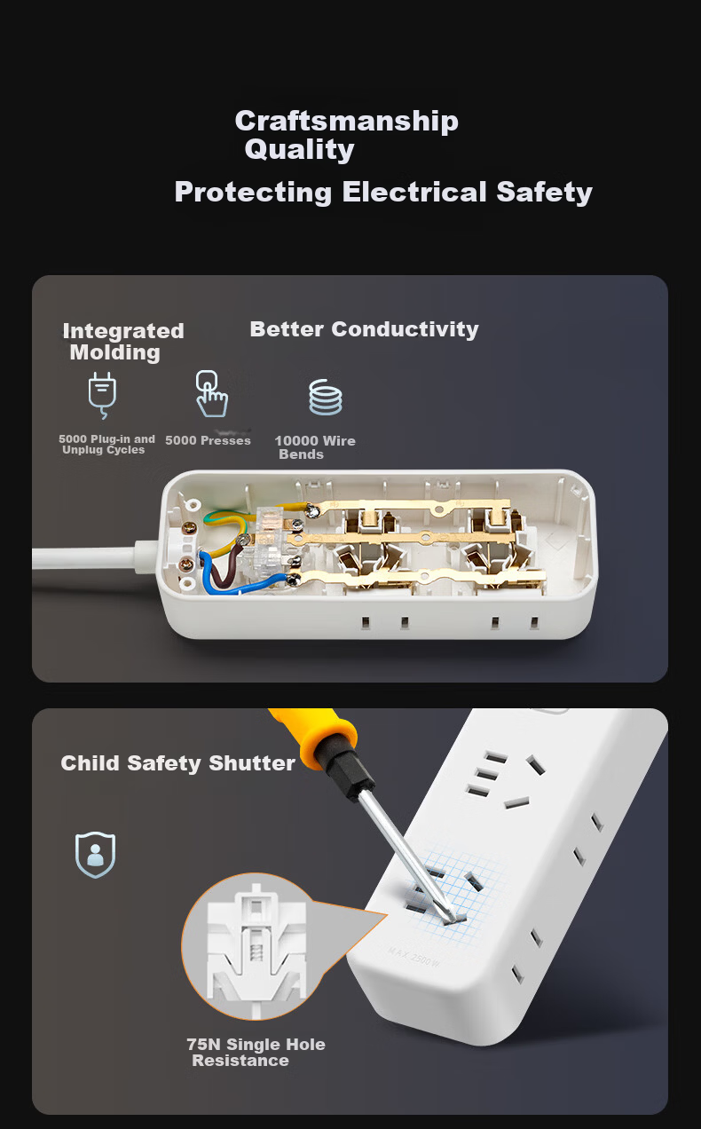 DELIXI New National Standard 3C Certified Side Power Strip Socket Extension Board with 4 Outlets, Master Switch, 2.5m Cord for Home Office Dorm Desktop Use 7