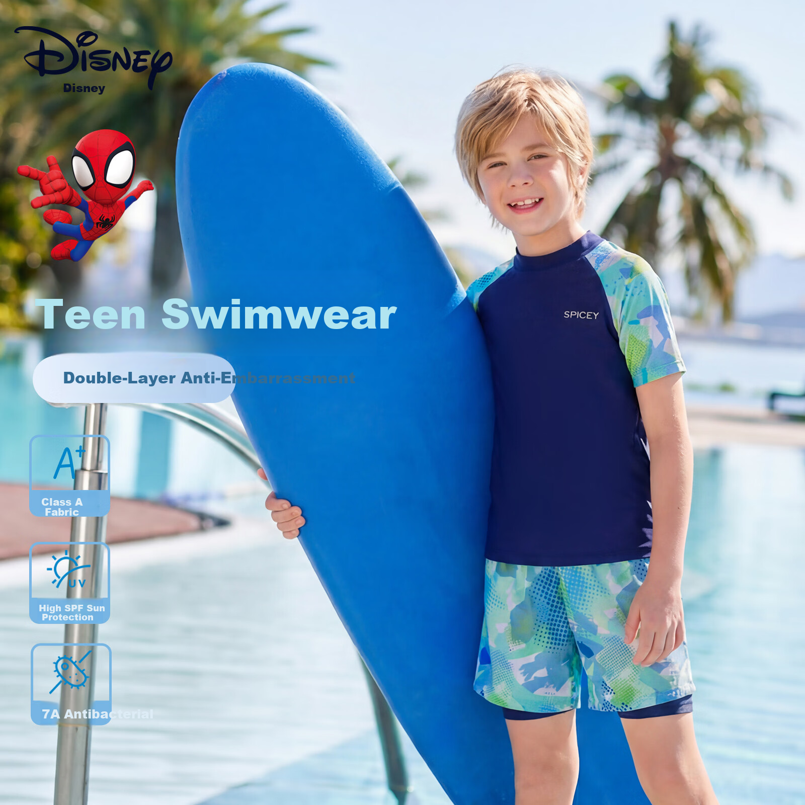 Disney Boys' Two-Piece Swimsuit, Youth Sun Protection, Children's Swimwear for Older Kids, D36113S2I, Navy Blue, Size 120