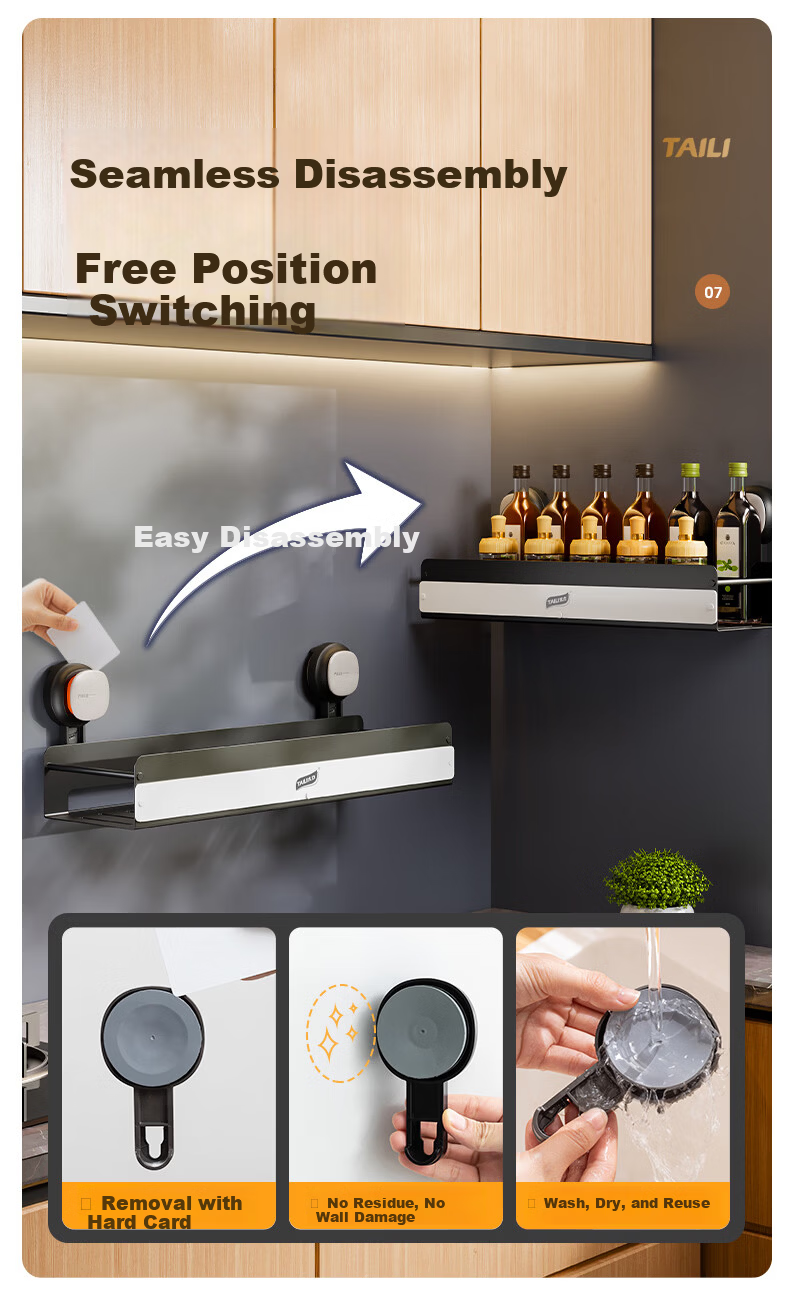 Taili Suction Cup Kitchen Storage Rack, Wall-Mounted Spice Rack, Multifunctional Organizer Shelf, No Drilling Required, 40cm 7