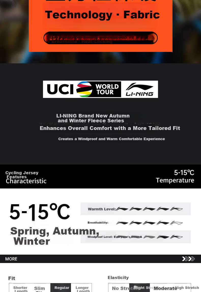LI-NING Men's Cycling Base Layer Long Sleeve Autumn Thin Fleece Tight Road Bike Jersey 2