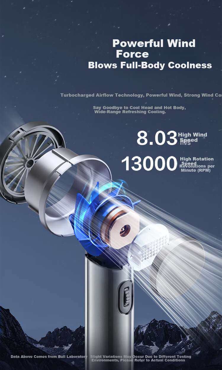 Bull Handheld Bladeless USB Fan [3C Certified Battery] 5000mAh Stepless Speed Adjustable Mini Portable Turbo Electric Fan Rechargeable Starry Gray 3